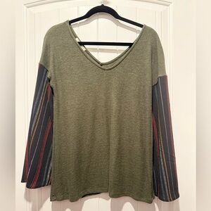 Entro Olive Green Top with Striped Sleeves